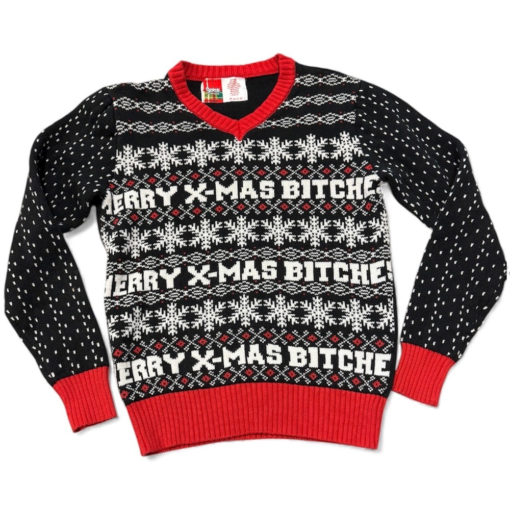 Spencers Merry X-Mas Bitches Ugly Christmas Sweater V-Neck Black‎ Red Women's S